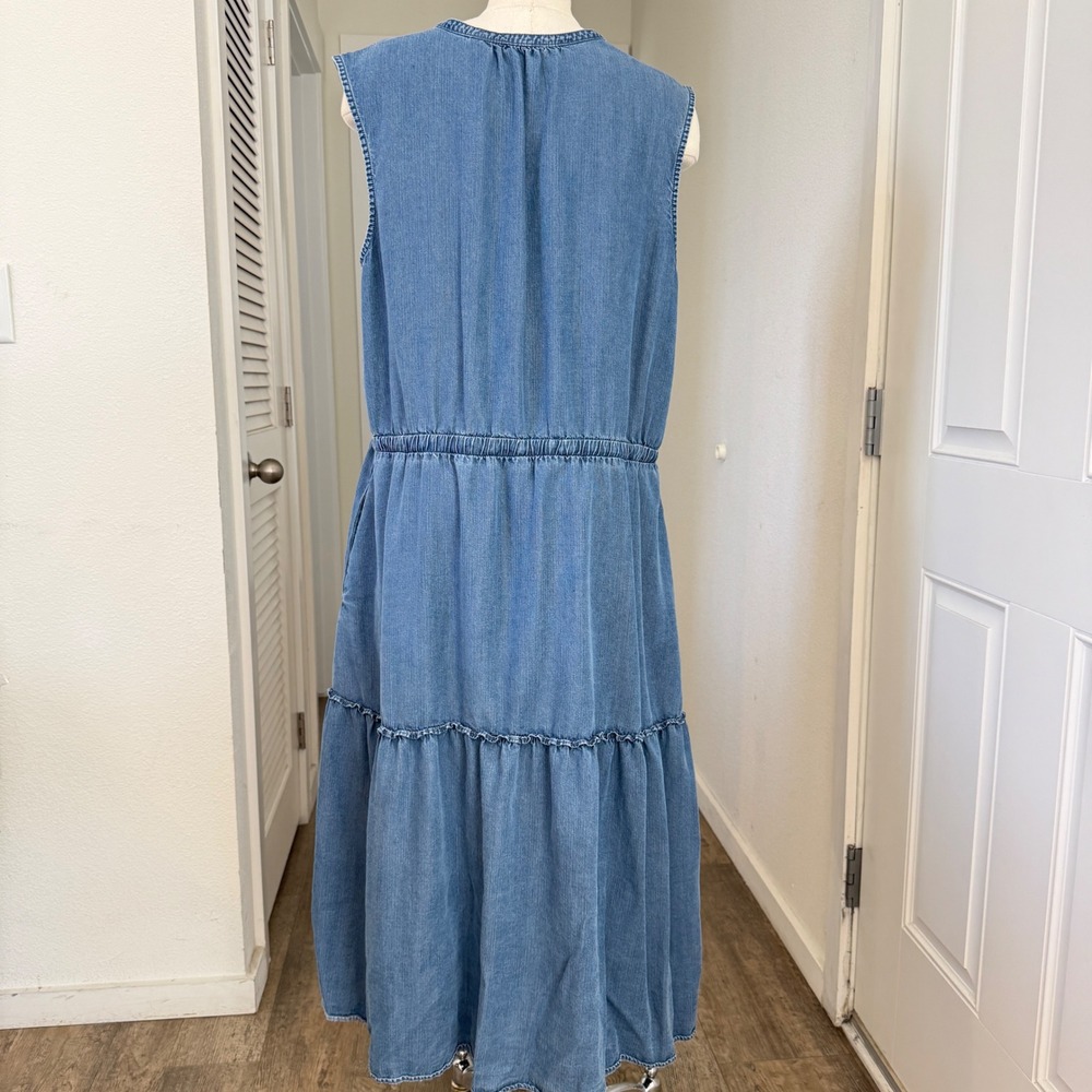 Lands End XXL chambray Denim Tiered Sleeveless Maxi Dress Drawstring Waist - Picture 3 of 7